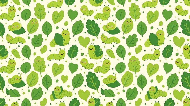 Happy green caterpillars and leaves seamless pattern background