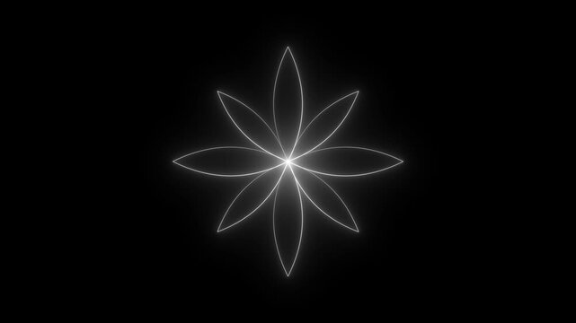 Bright white glowing geometric flower mandala symbol neon abstract light petal