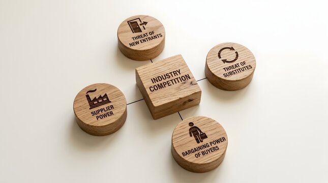 Porter's Five Forces business model on wooden blocks, industry competition and market analysis concept. Strategic management framework with supplier power and threat of new entrants. Bargaining