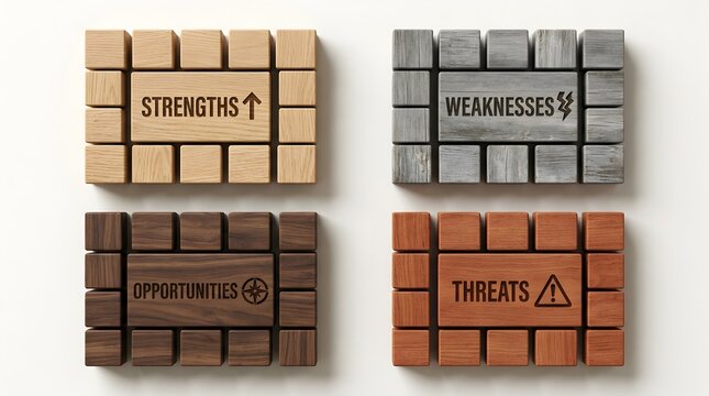 SWOT analysis business strategy concept with wooden blocks, strengths weaknesses opportunities and threats engraved on timber cubes, professional corporate planning and marketing management