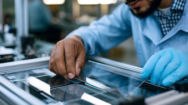 A person wearing gloves carefully aligns a transparent panel on a precision workstation with reflective surfaces and metallic edges