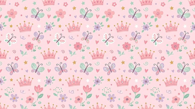 Pink seamless pattern with princess crowns butterflies and flowers