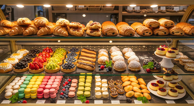 Assorted bakery pastries and bread display in store
