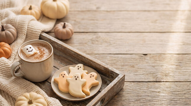 Cozy Halloween Hot Chocolate with Ghost Cookies and Mini Pumpkins on Rustic Tray