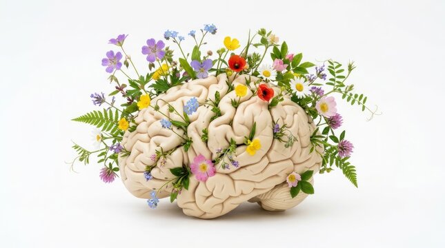 A brain adorned with vibrant flowers and foliage, symbolizing intelligence and nature's connection. The image highlights a unique blend of cognitive and botanical elements.
