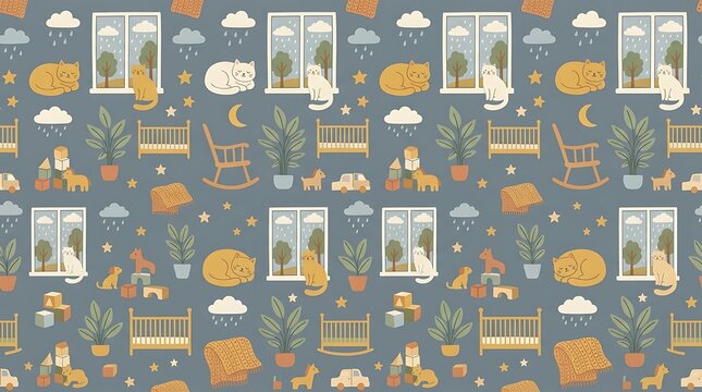Cozy nursery seamless pattern with sleeping cats and baby toys