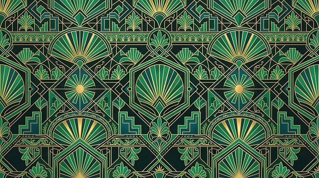 Elegant emerald green and gold art deco geometric pattern