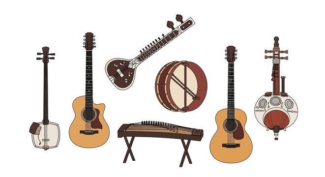 Collection of Diverse String and Percussion Musical Instruments