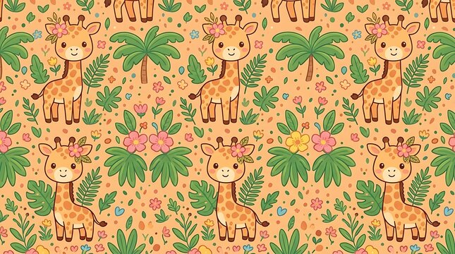 Adorable giraffe and tropical jungle leaves seamless pattern