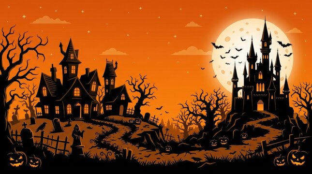 Halloween night with haunted castles and bats silhouette