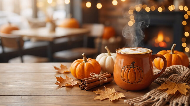 Cozy Pumpkin Spice Coffee Mug with Autumn Decor and Fireplace Background