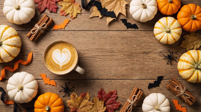 Autumn Coffee Flat Lay with Pumpkins, Fall Leaves and Halloween Decorations