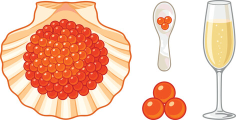 Luxury red caviar gourmet vector illustration set with salmon roe pile served in a sea scallop shell pearl spoon with fish eggs and glass of sparkling champagne isolated on white background © MdSazib