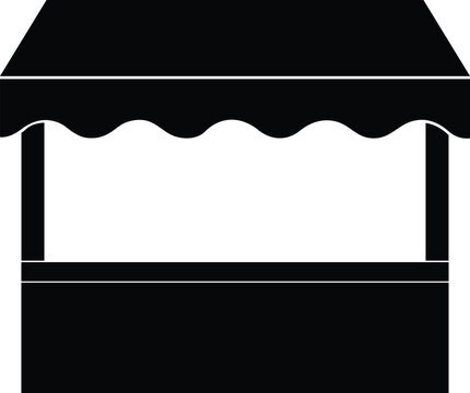 Black market stall silhouette icon. This flat vendor booth graphic features a wavy canopy and counter. Simple shop kiosk vector illustration for retail and street market concepts.