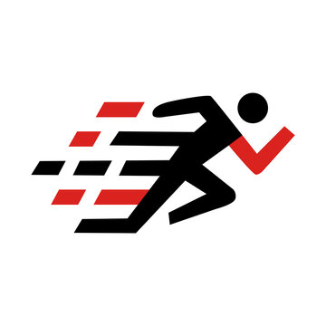 Fast speed runner logo vector design of sprinting man silhouette with motion lines for delivery service and sports icon
