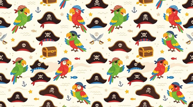 Cute cartoon pirate parrot and treasure seamless pattern