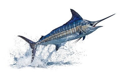 Fototapeta premium A vibrant blue marlin leaps through the water, its sleek body slicing through splashes of white and blue. The fish displays a dynamic action of leaping, showcasing its agility and strength.