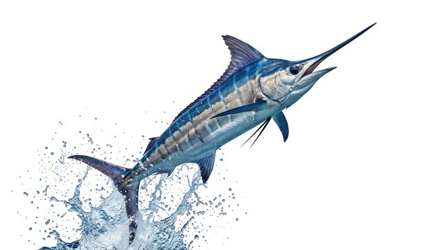 A blue marlin leaps through the water, its sleek body slicing through splashes of blue and white.