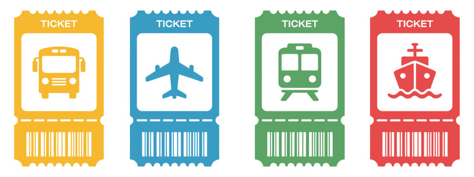 Travel Tickets Featuring Bus, Plane, Train, and Boat Boarding Pass Designs with Barcodes for Transportation and Tourism