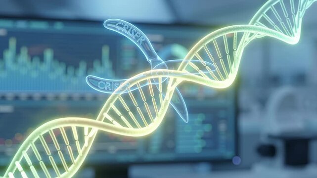 CRISPR gene editing scissors cutting DNA strand genetic code biotechnology laboratory molecular science research technology