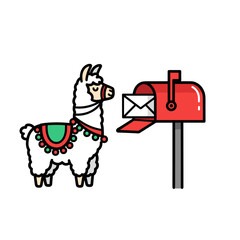 Fototapeta premium Alpaca sending a letter in a red mailbox.