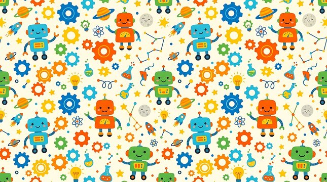 Seamless pattern featuring cute colorful robots and science icons