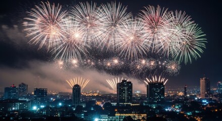 Fototapeta premium Spectacular Fireworks Display Illuminating the Night Sky Over a Cityscape.