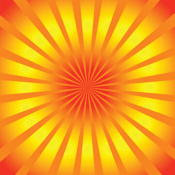 Vibrant orange and yellow sunburst background vector. Radial rays design with a bright warm gradient pattern. Ideal backdrop for energetic and retro summer concepts.