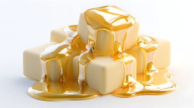 Viscous golden liquid syrup, honey, or caramel sauce generously pouring and dripping over soft, creamy, pale yellow cube-shaped candies or confectioneries on a clean white background, creating a