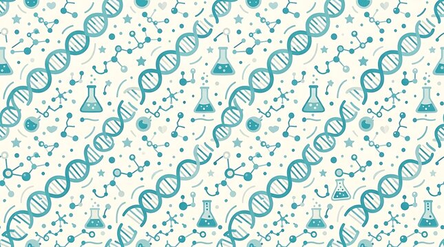 Science and biology seamless pattern with dna helix and lab flasks