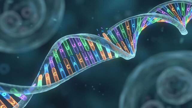 DNA strand with colorful genetic code and nucleotide bases showing molecular biology, chromosome structure, and advanced genetic