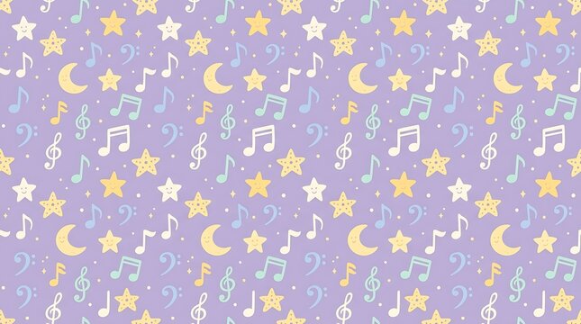 Seamless pastel musical notes and stars pattern on purple background