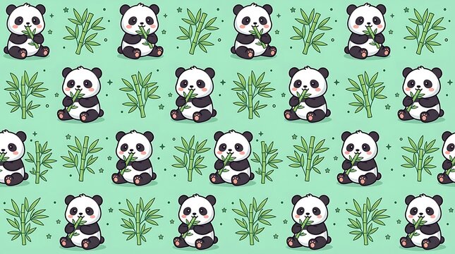 Seamless pattern with cute baby pandas eating green bamboo