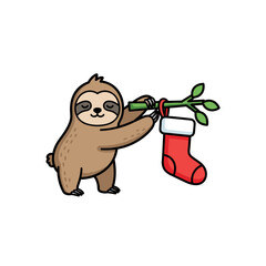 Fototapeta premium Sloth hanging a red Christmas stocking on a branch.