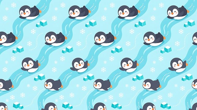Cute penguins sliding on ice seamless pattern
