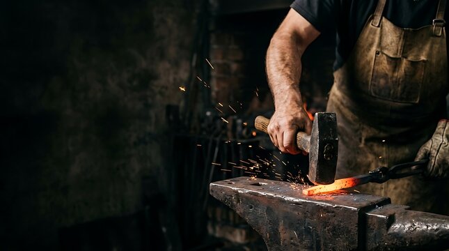 Blacksmith forging hot metal with a hammer on an anvil in workshop