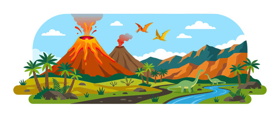 Prehistoric Landscape with Volcanoes and Dinosaurs © febri