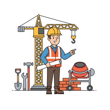 Construction worker directing crane operations on site. Male foreman coordinating heavy machinery and building materials with safety gear.