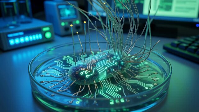 Biotechnology concept featuring glowing digital bacteria with circuit board pattern in petri dish within laboratory environment
