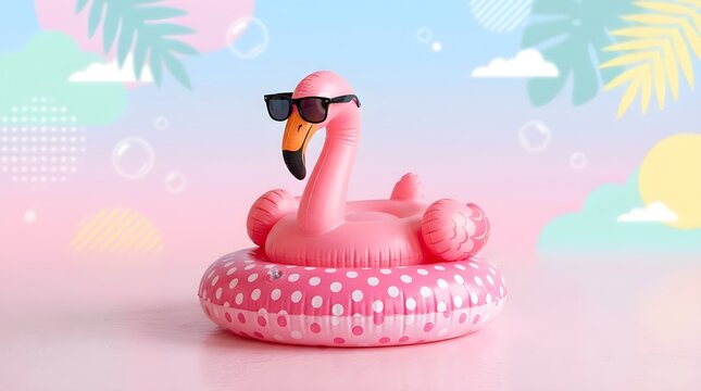 Pink flamingo pool float with sunglasses summer fun and tropical vacation lifestyle concept