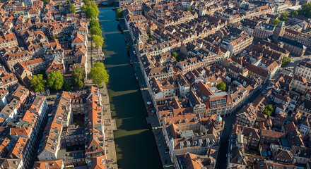 Obraz premium Aerial view of a canal flowing through a busy city residential neighborhood