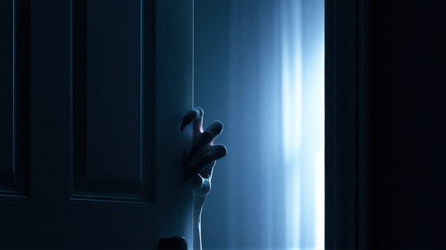 Scary monster hand with long sharp claws opening a dark door. Sinister creature lurking in shadow for Halloween thriller concept. Cinematic horror scene with mystical blue light effect.