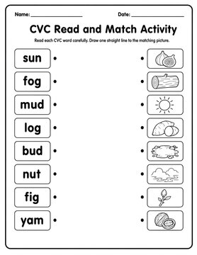 Educational cvc read and match worksheet for kindergarten students featuring words like sun, fog, mud, log, bud, nut, fig, yam