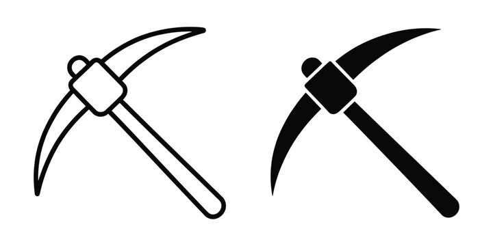 pickaxe mining tool icon set featuring outline, solid and flat styles for excavation, construction and industry vector illustration