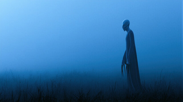 Creepy creature standing in dark foggy field. Scary monster with long claws roaming at night. Halloween horror scene with supernatural spirit in field. Dark eerie atmospheric landscape.