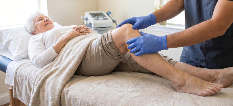 Physiotherapist examining knee of elderly woman. Senior patient receiving medical treatment for joint pain. Osteoarthritis therapy session in clinic. Health and rehabilitation concept.