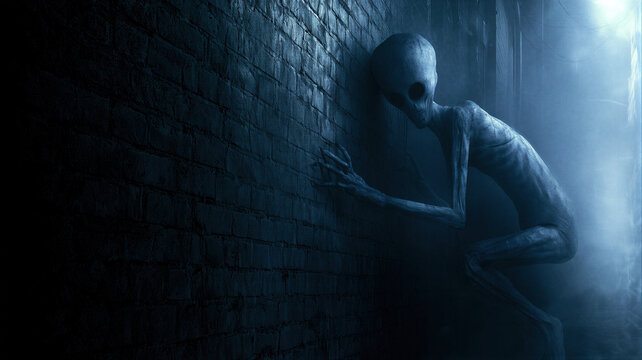 Scary alien creature standing against a dark brick wall in a misty alleyway. Paranormal horror scene for Halloween design. Creepy extraterrestrial monster in a shadowy urban setting.