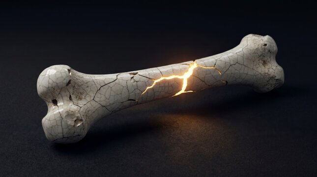 Broken human bone with glowing fracture. Medical concept of skeletal injury, osteoporosis or trauma. Osteology and orthopedics study of bone health, pain and fracture recovery diagnostic.