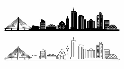 Obraz premium City Skyline Silhouette Set with Bridge and Church Architecture