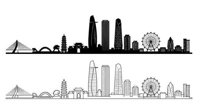Da Nang City Skyline Silhouette and Line Art Illustration